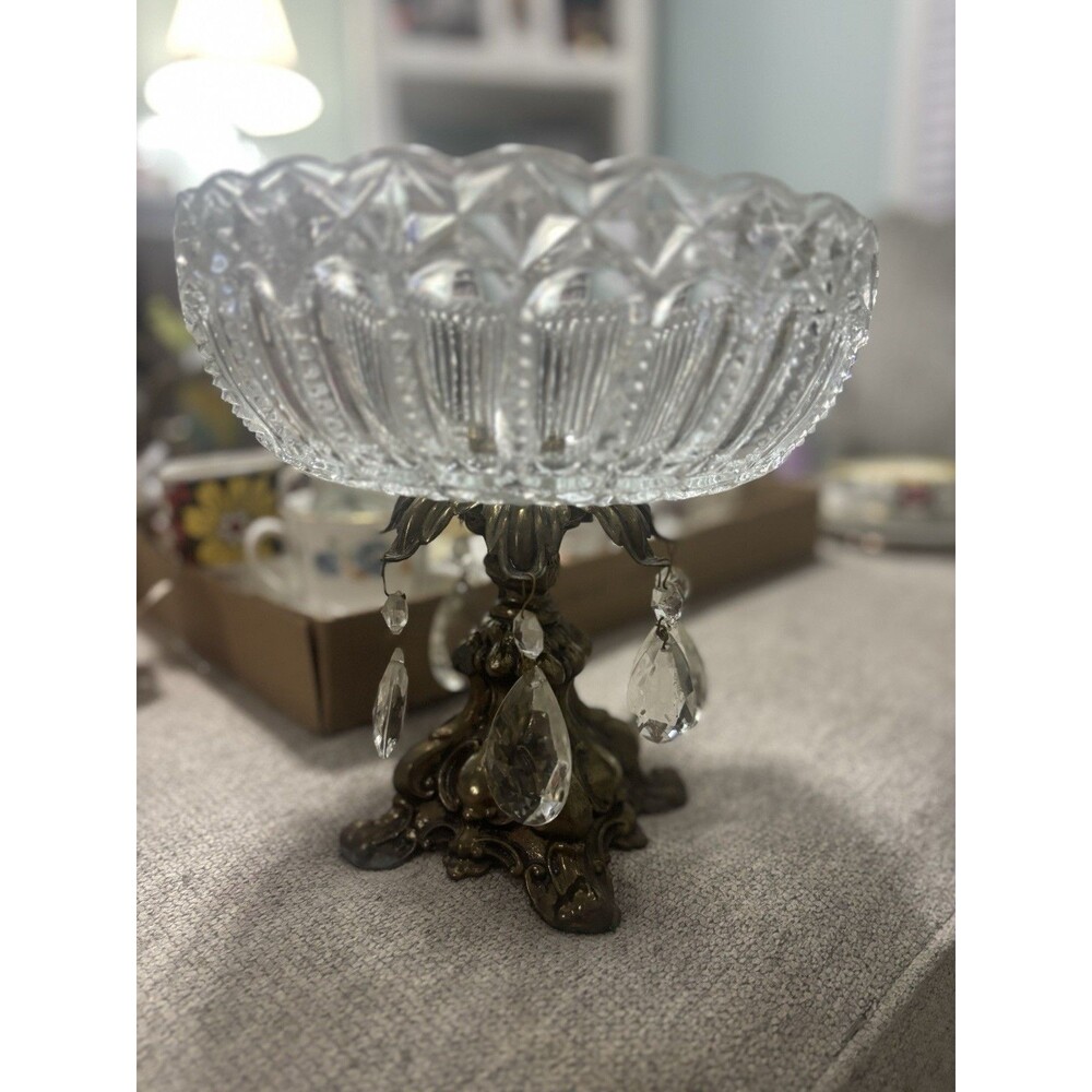 Vintage Hollywood Regency Glass Compote Gold Tone Pedestal Bowl Hanging Prisms